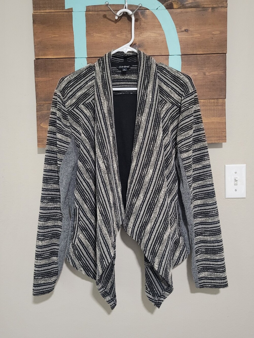 Lucky Brand Black & Cream Striped Draped Western Boho Open Cardigan XL